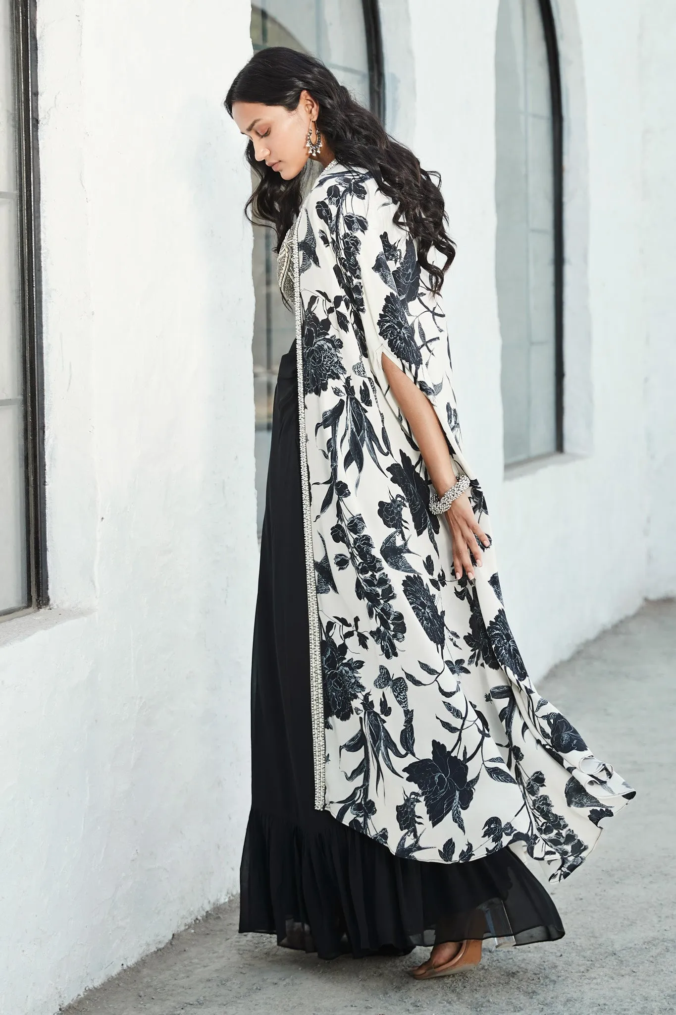 50Z897-RO Stylish Black & White Sharara Set With Floral Cape