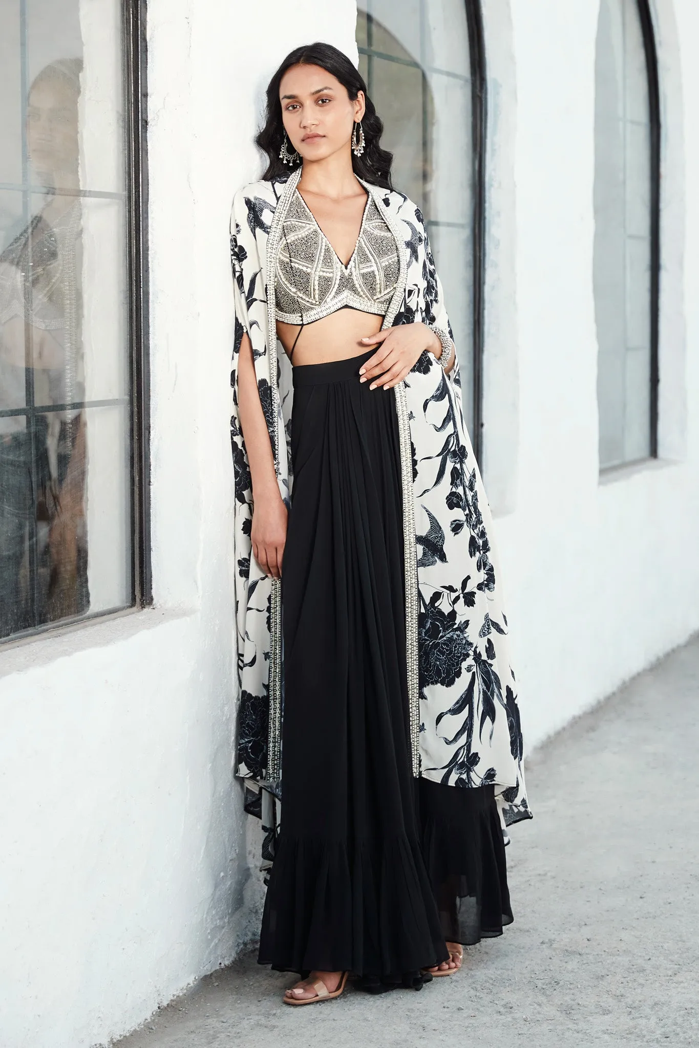 50Z897-RO Stylish Black & White Sharara Set With Floral Cape