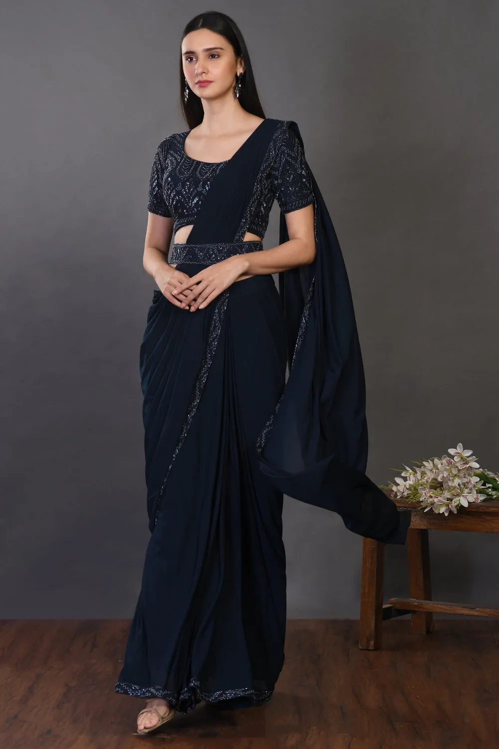 90Z934-RO Navy Blue Darpe Saree With Stylish Blouse