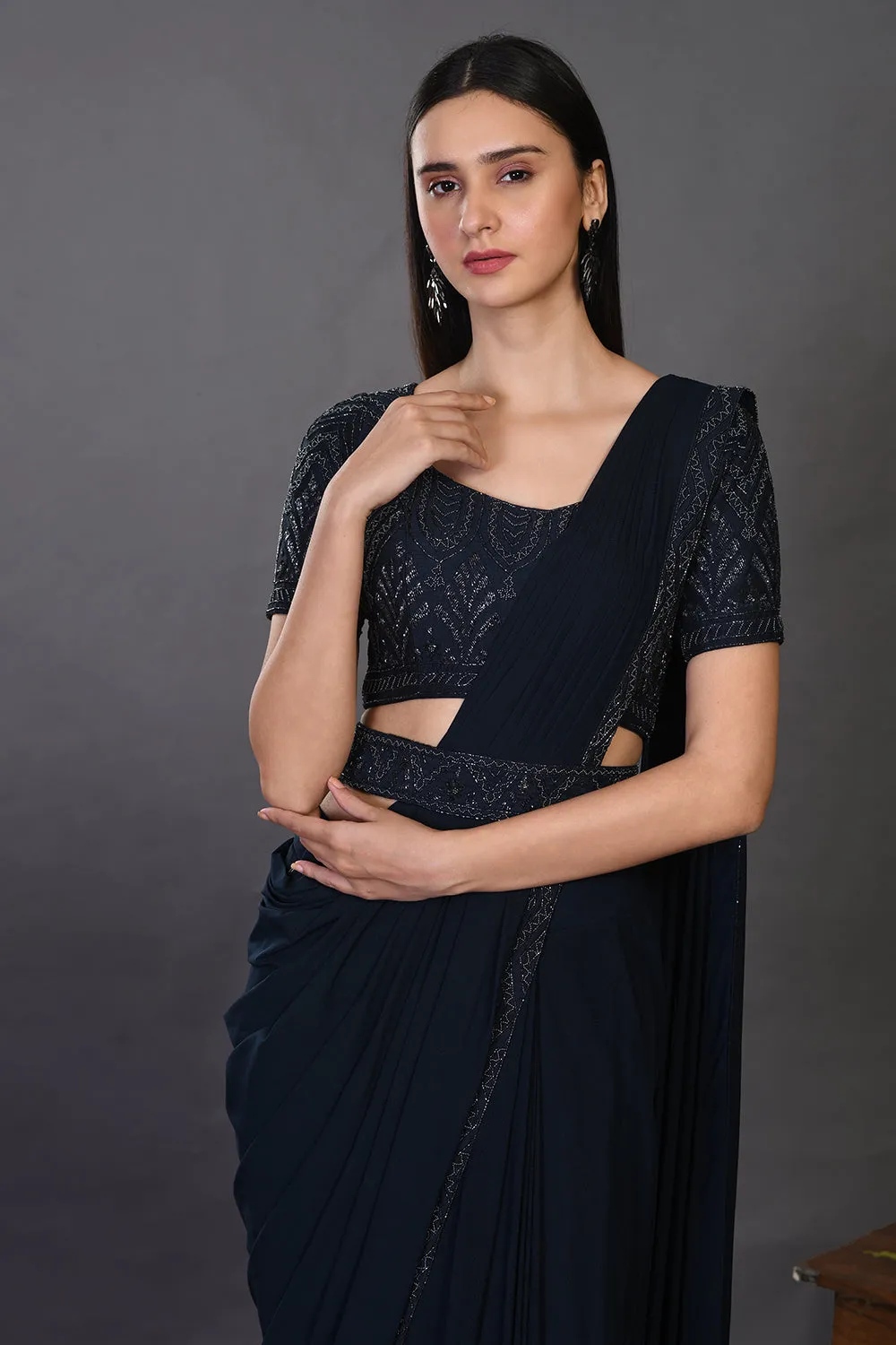 90Z934-RO Navy Blue Darpe Saree With Stylish Blouse