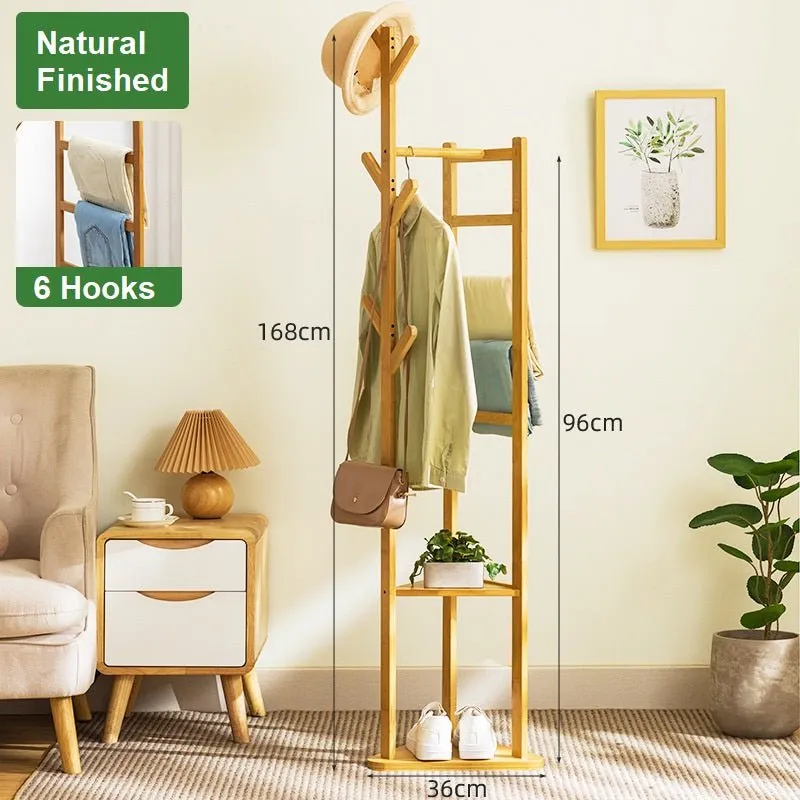 Bamboo Clothes Coat Rack Garment Stand Shelf Tree Hanger Bag Hat Hook Holder