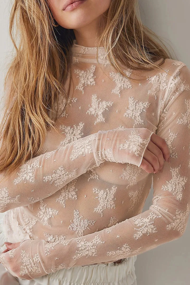 Beige Floral Lace Sheer Mesh Top