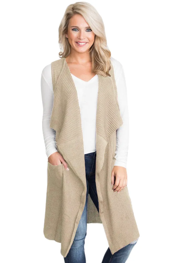 Beige Pocket Sleeveless Cardigan