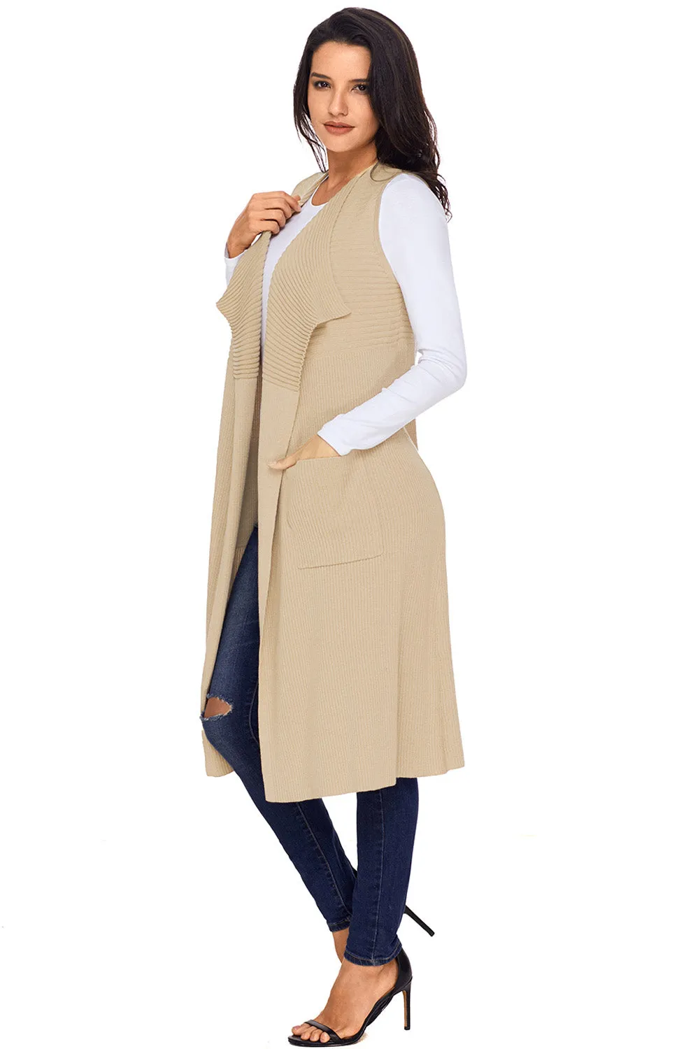 Beige Pocket Sleeveless Cardigan