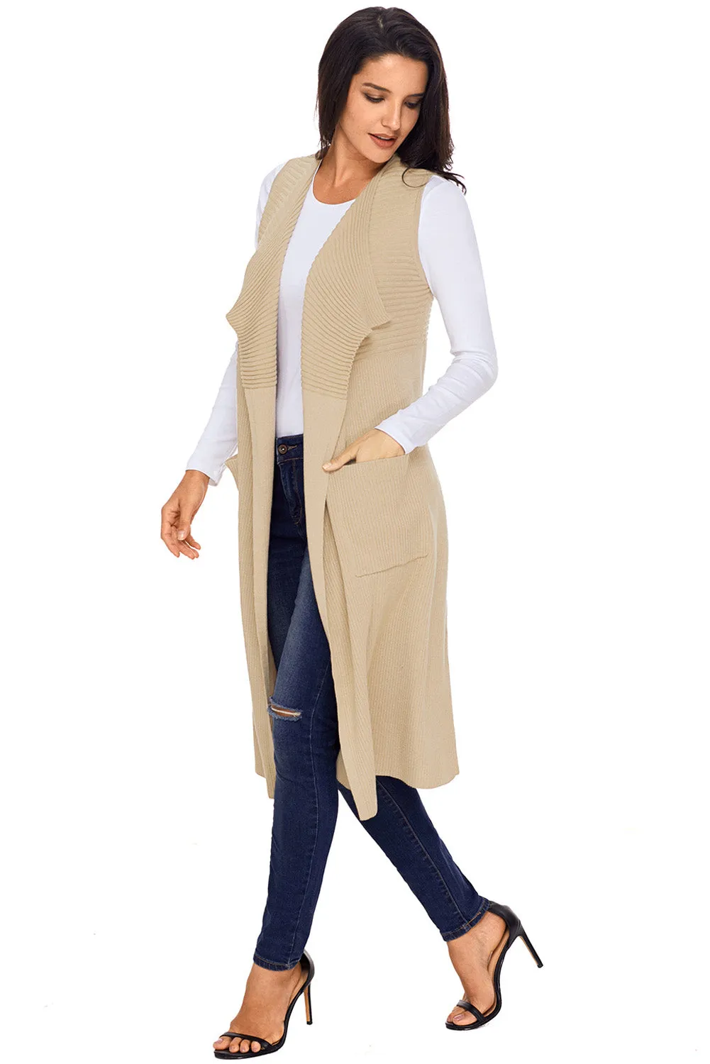 Beige Pocket Sleeveless Cardigan