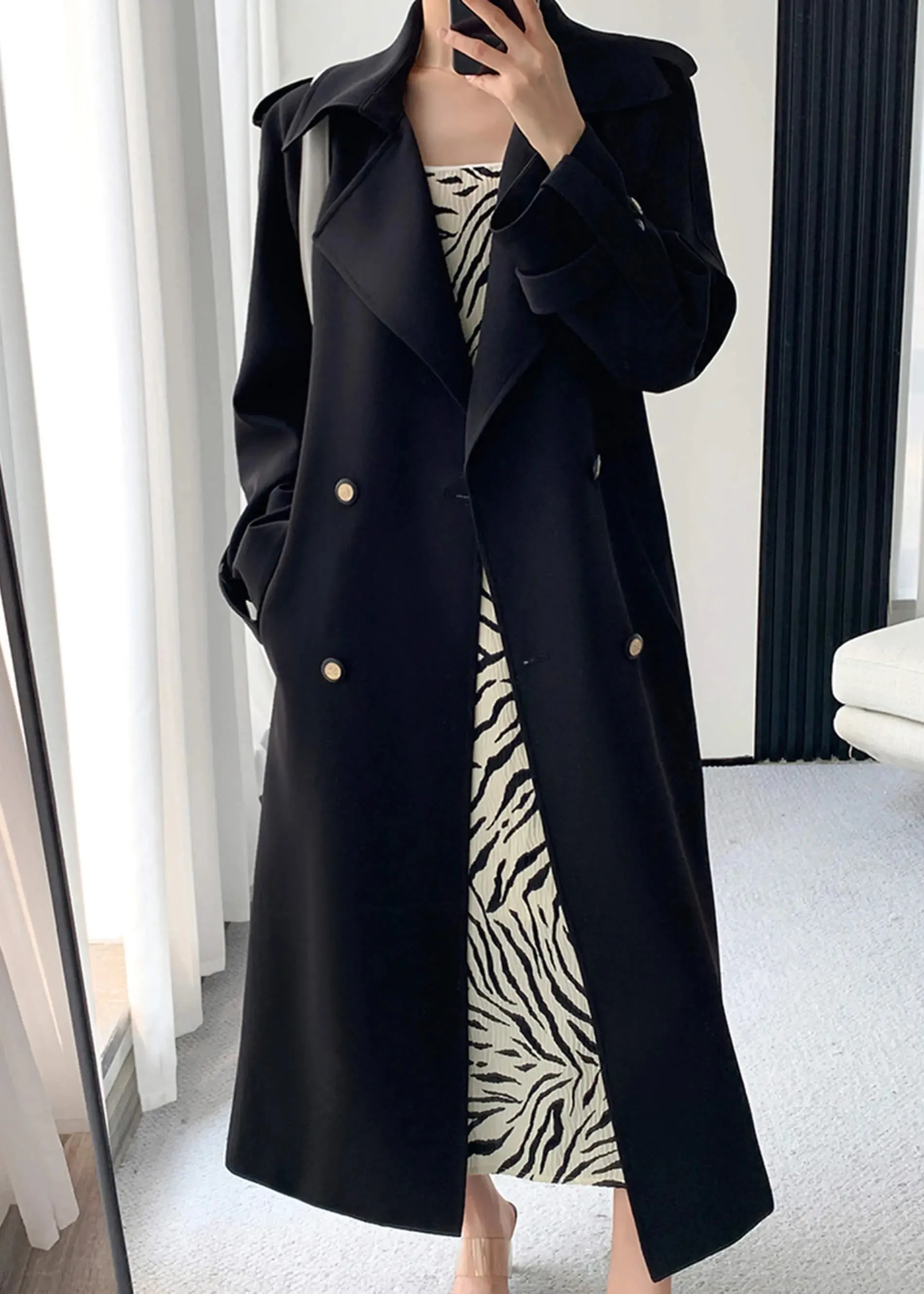 Black Double Breasted Long Trench Coat