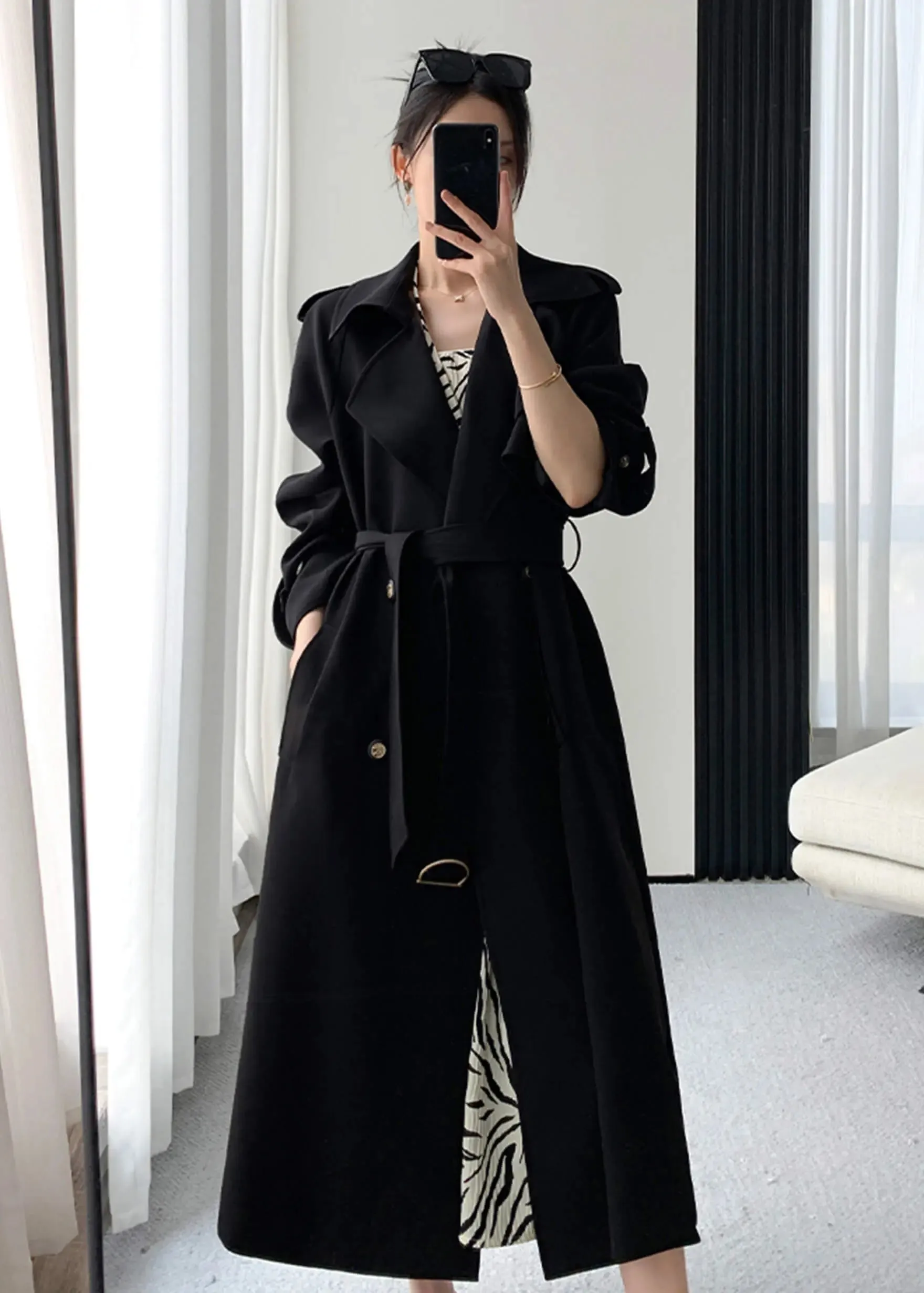 Black Double Breasted Long Trench Coat