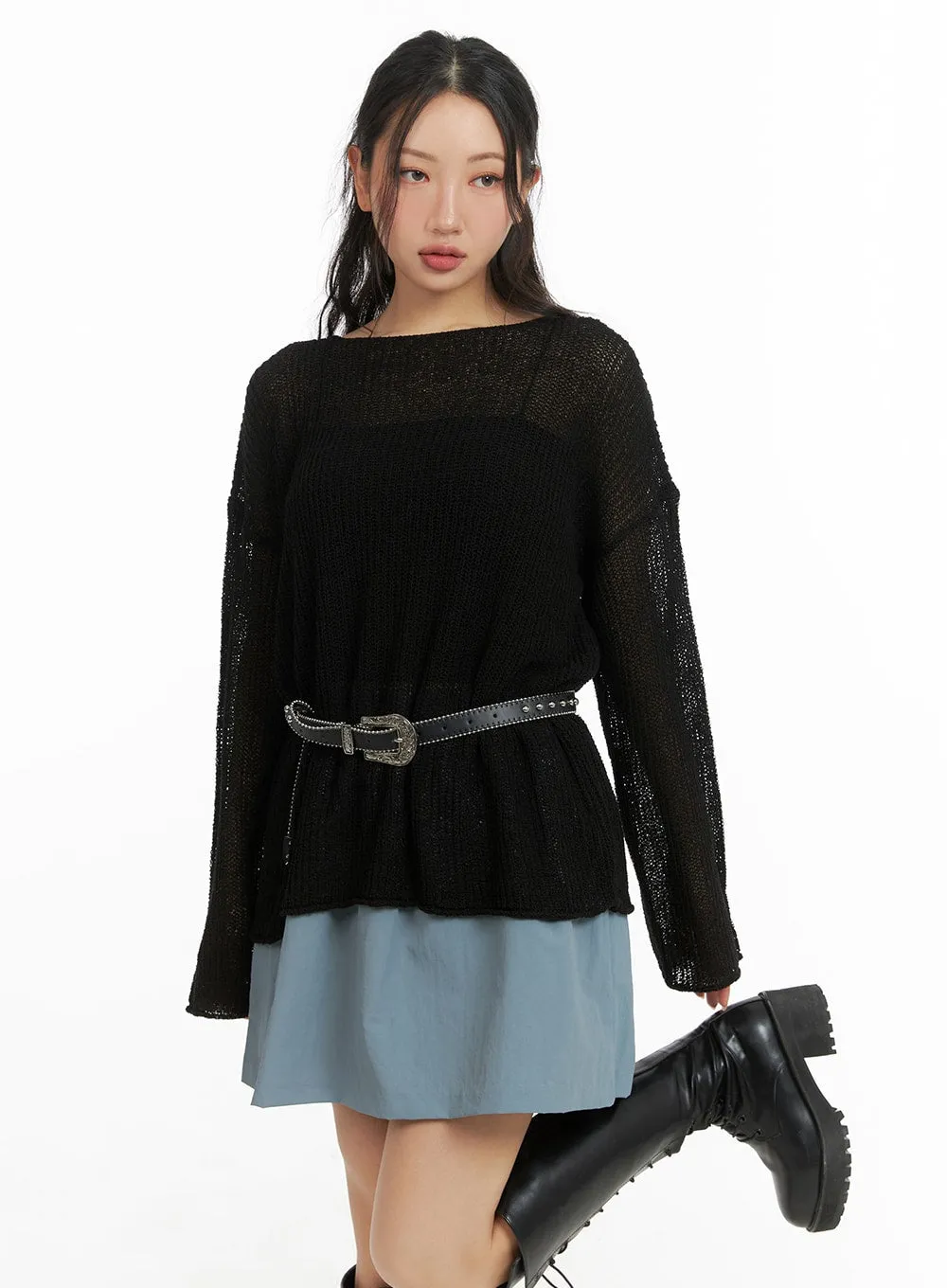 Boat Neck Sheer Knit Top CM426