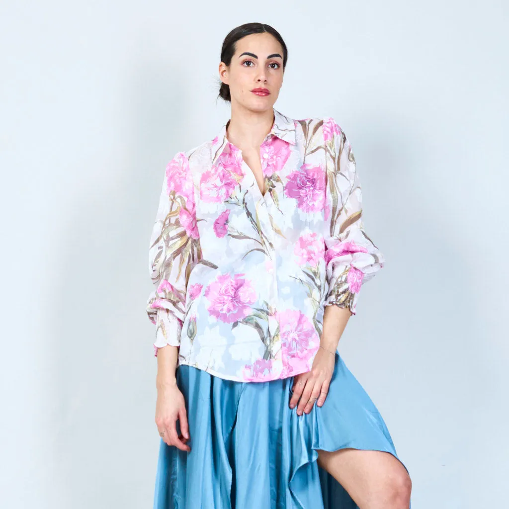 Botanical print semi-sheer blouse wholesale