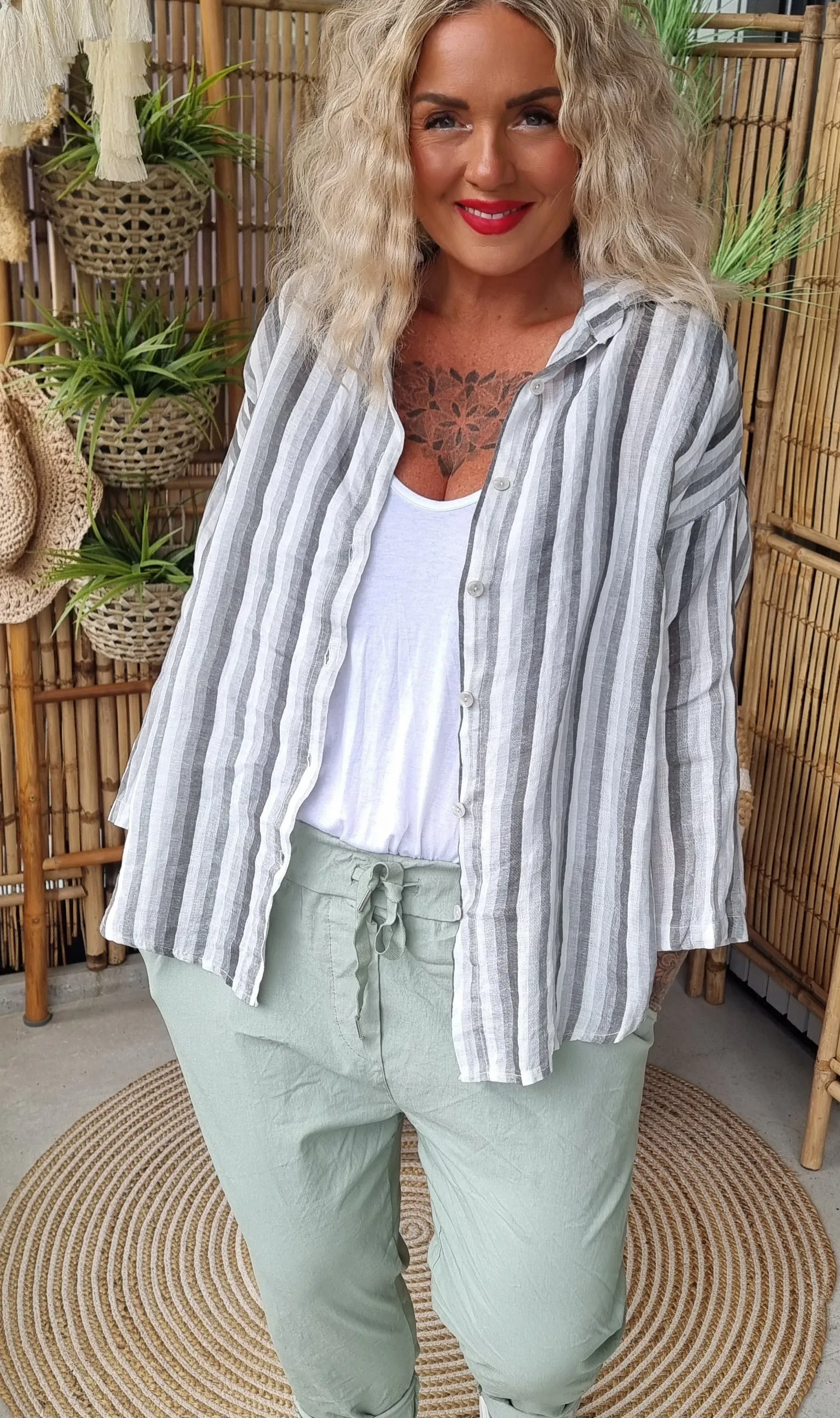 Brenda Striped Linen Shirt Grey