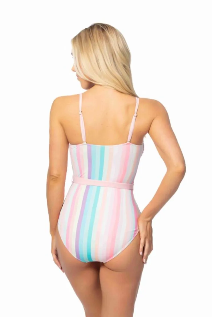 Carrie Pastel Striped Belted One-Piece Swimsuit