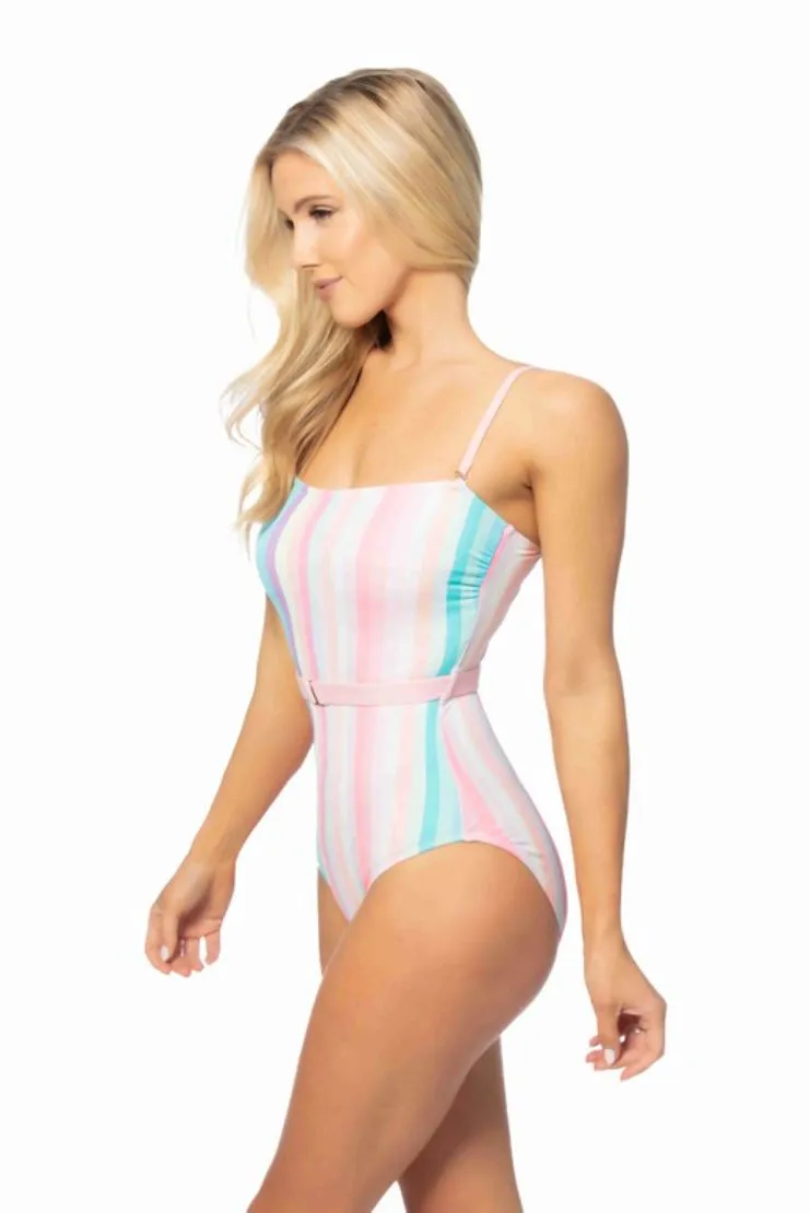 Carrie Pastel Striped Belted One-Piece Swimsuit