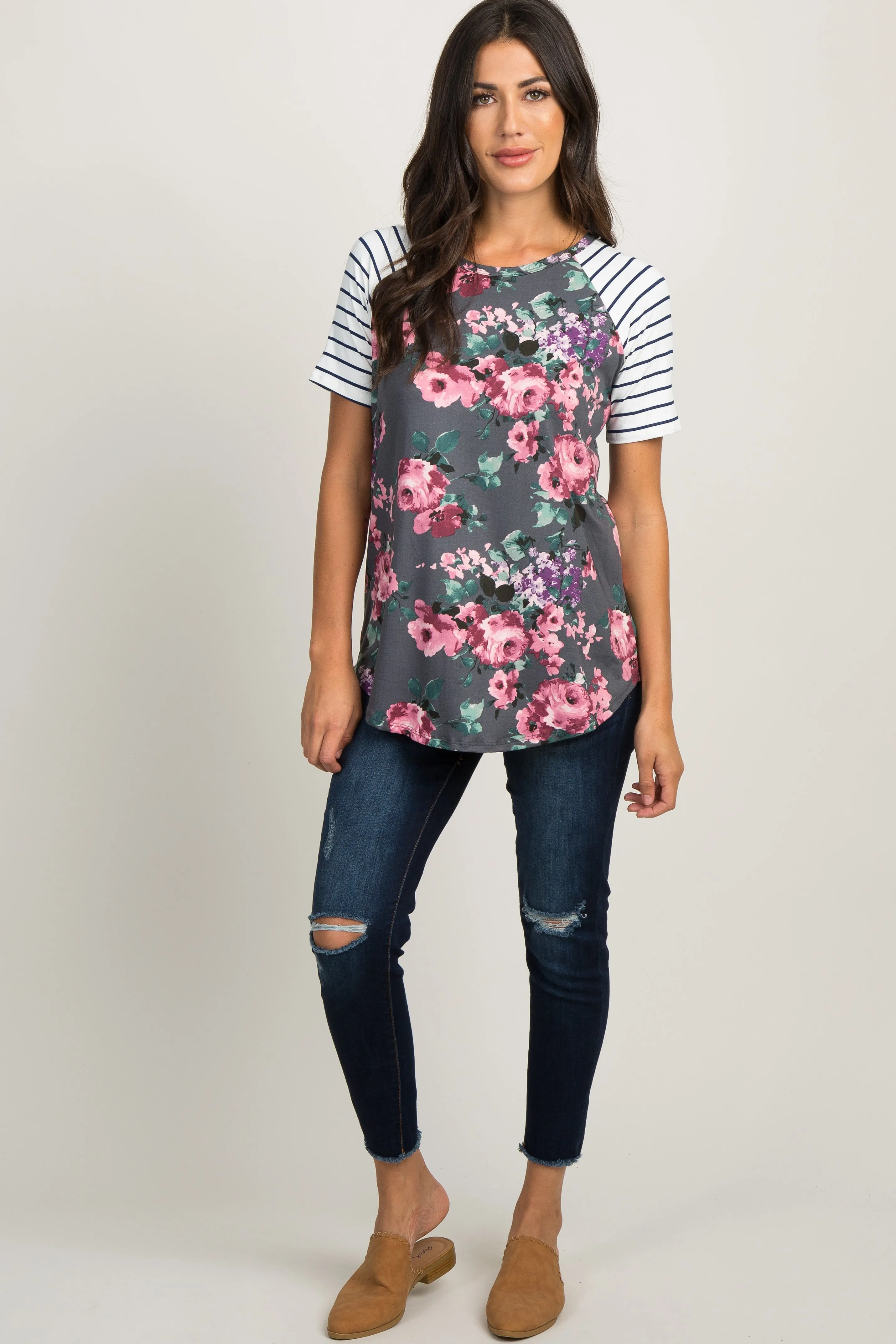 Charcoal Floral Colorblock Striped Top