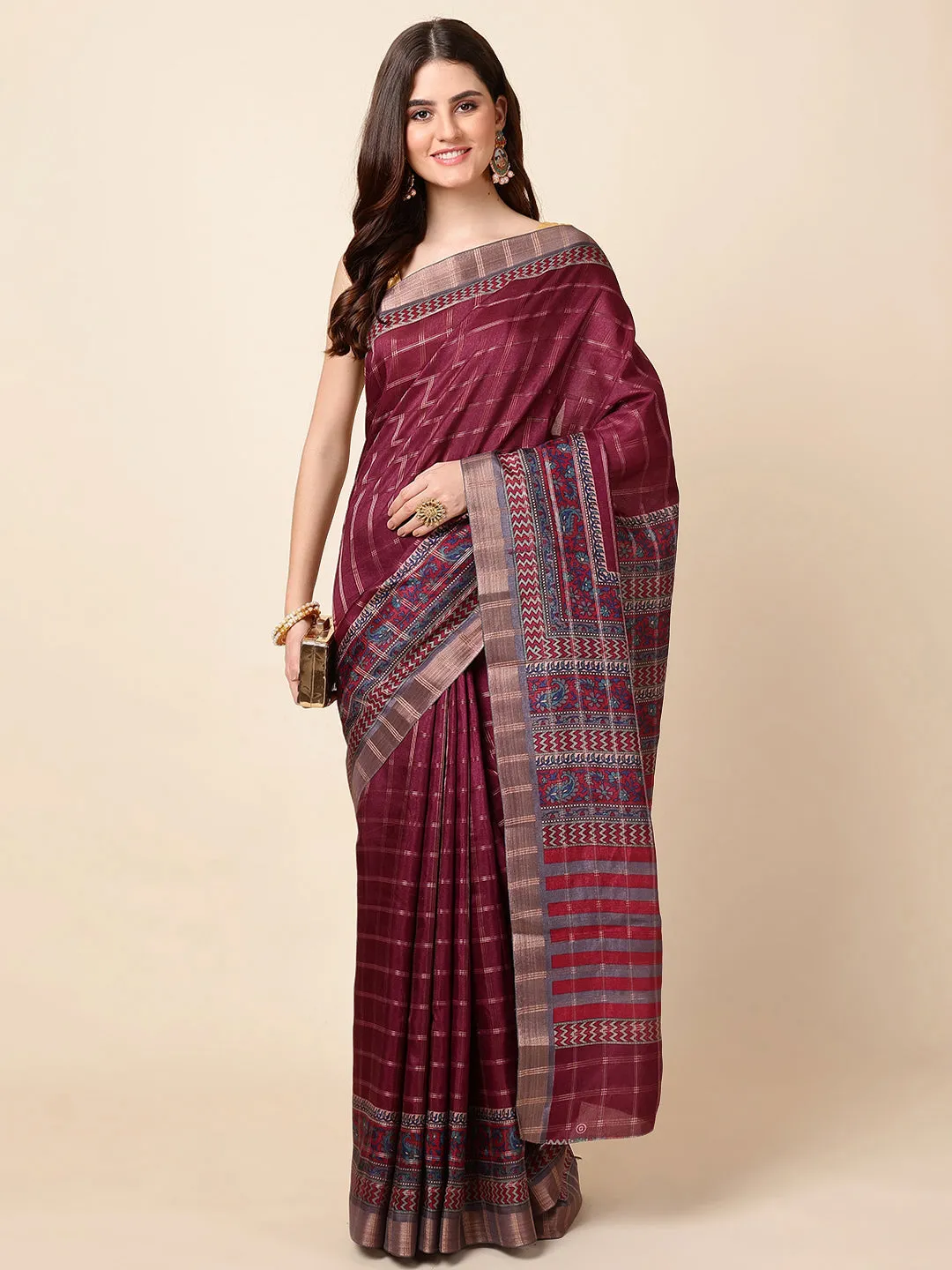 Check Printed Tussar Saree