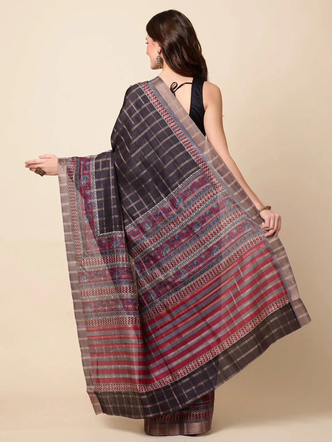 Check Printed Tussar Saree