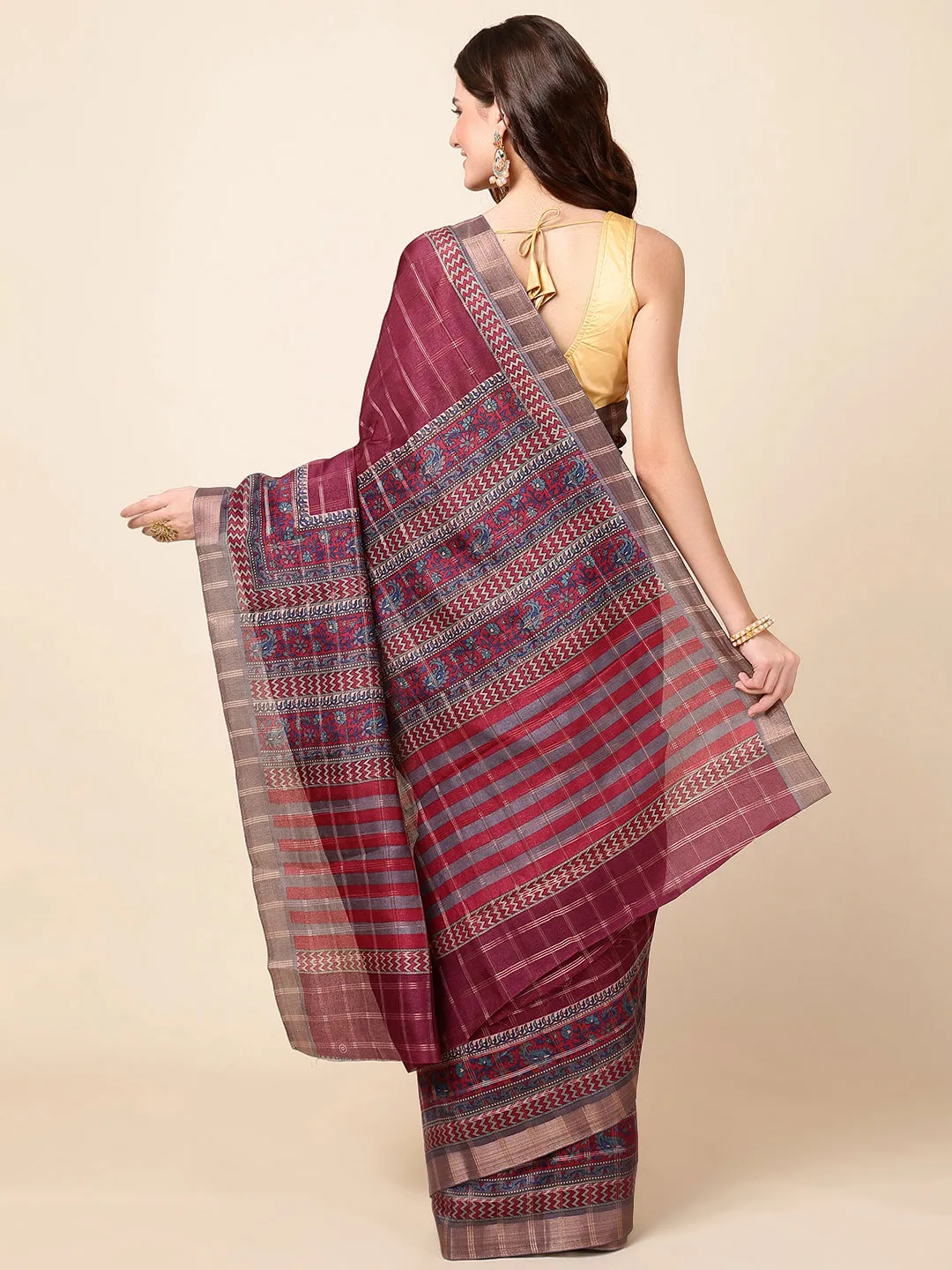 Check Printed Tussar Saree