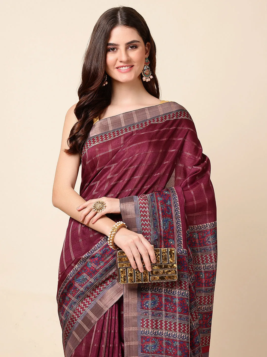 Check Printed Tussar Saree