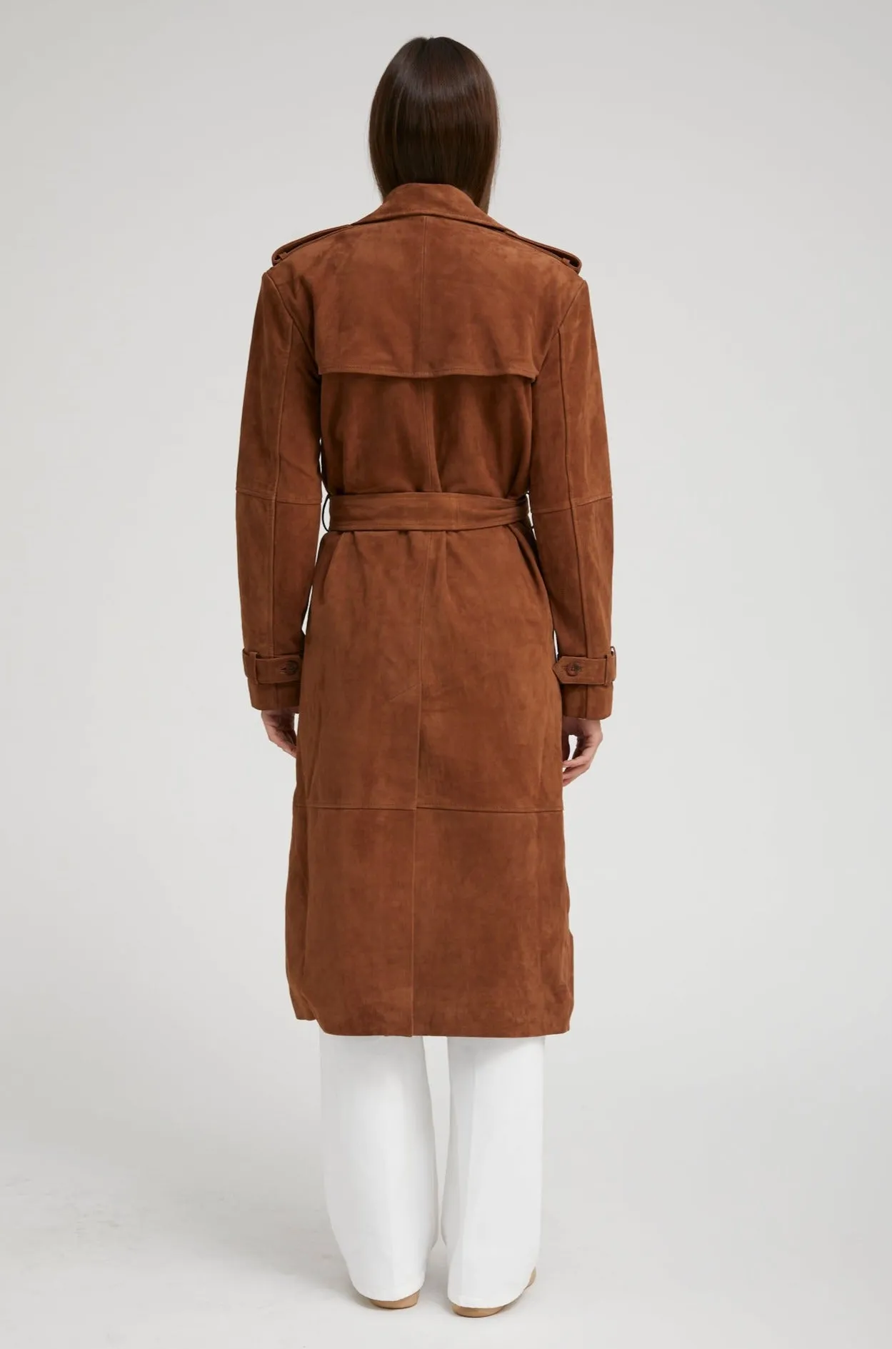 Dark Cognac Suede Trench Coat