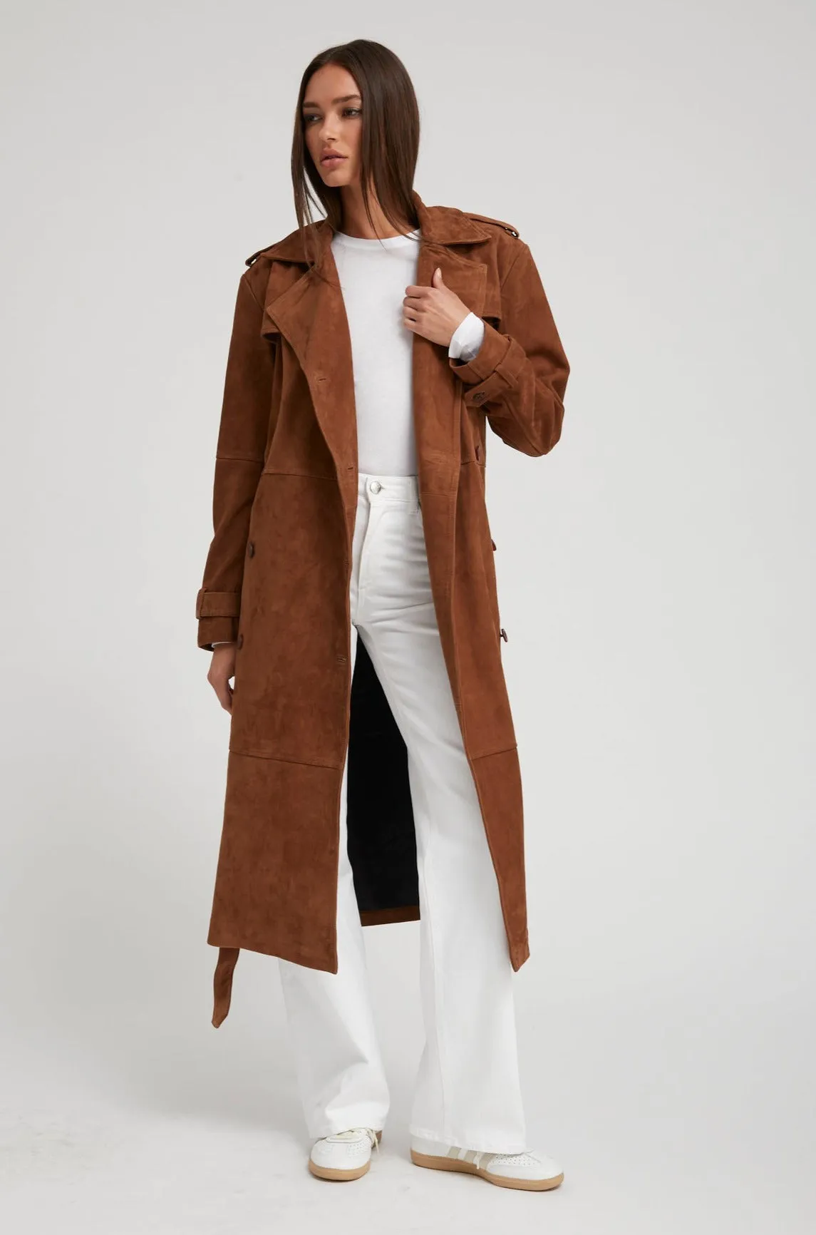 Dark Cognac Suede Trench Coat