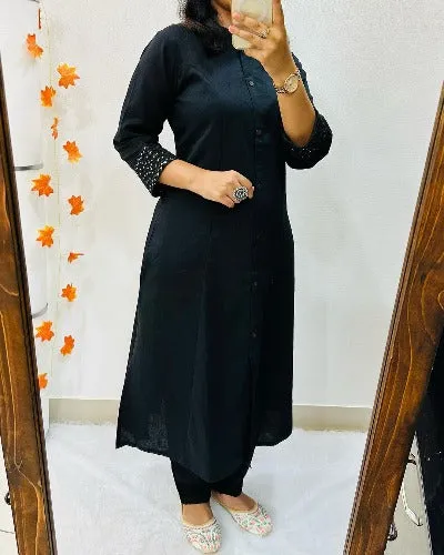 Elegant Black Stylish Cotton Kurti Pant Set Of 2