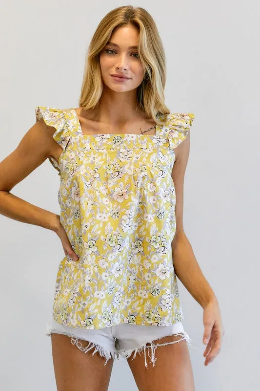 FLORAL PRINTED RUFFLE SLEEVELESS TOP