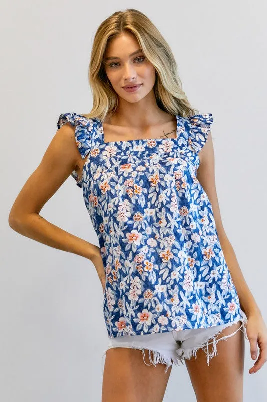 FLORAL PRINTED RUFFLE SLEEVELESS TOP