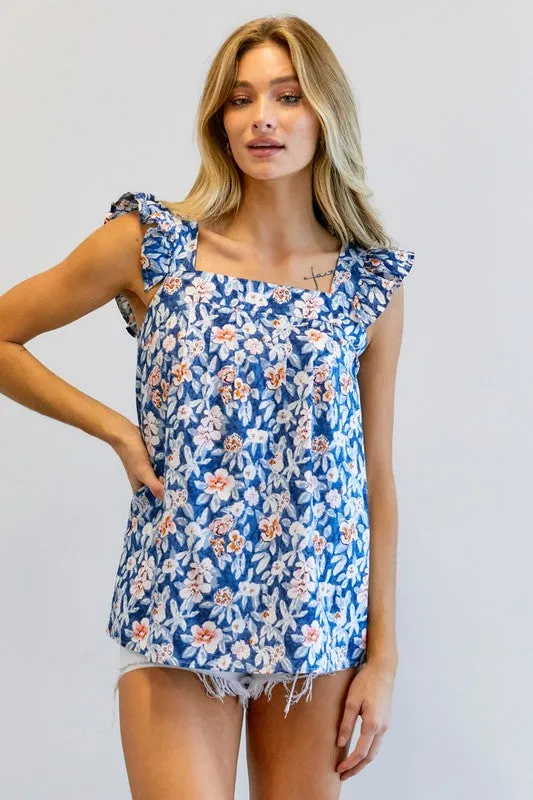 FLORAL PRINTED RUFFLE SLEEVELESS TOP