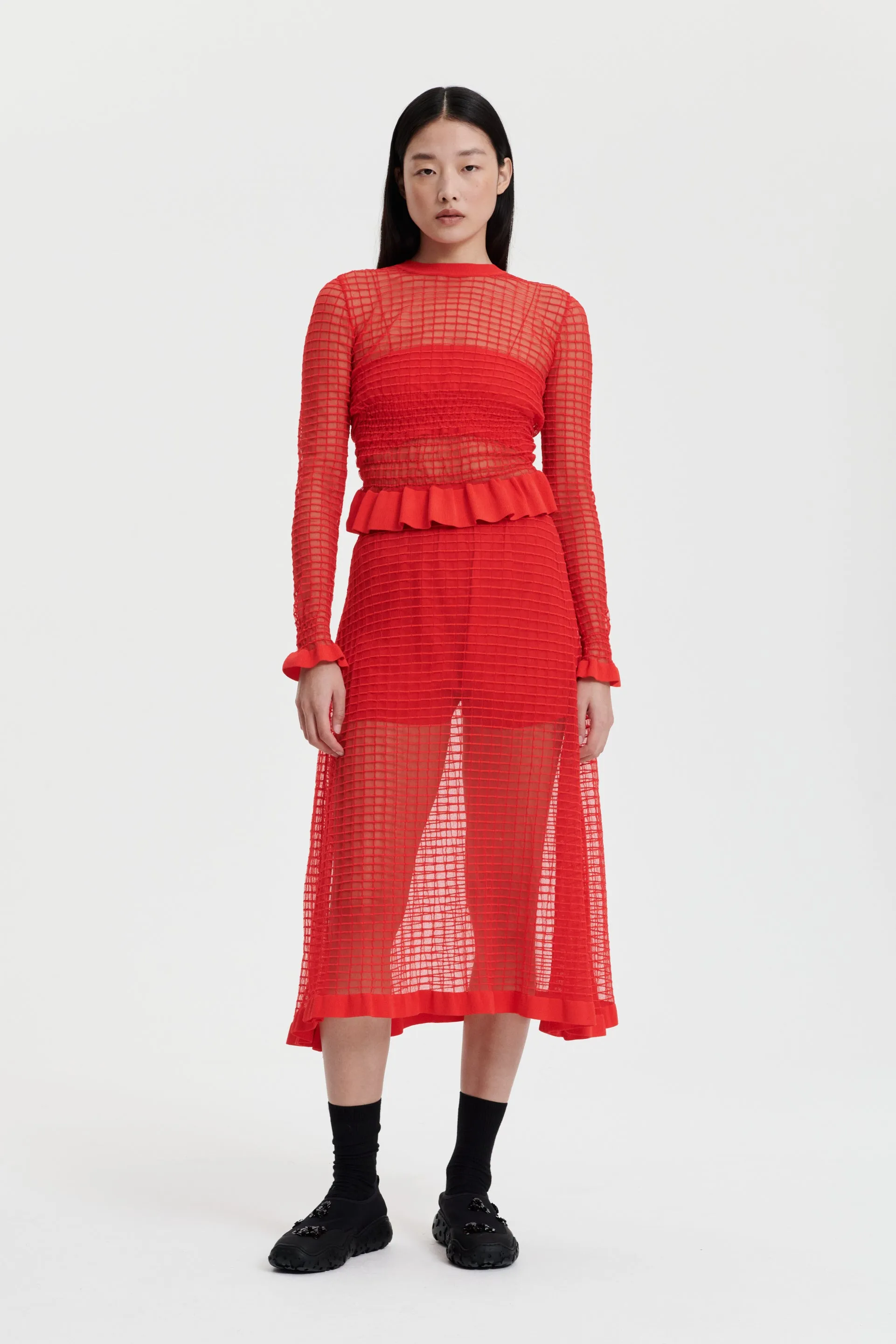 Poppy Red Matisse Sheer Grid Skirt by Gemma