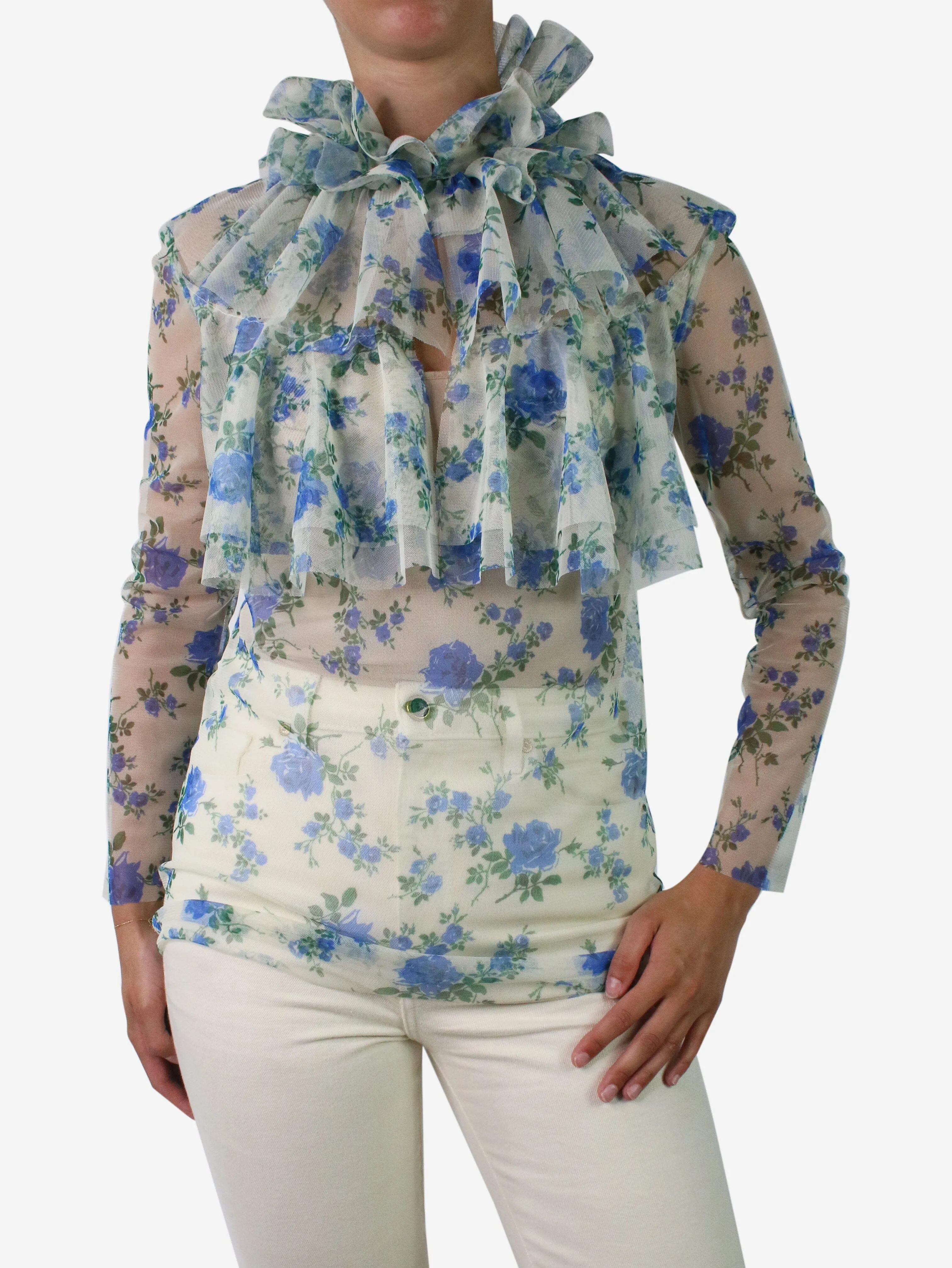 Green sheer floral printed top - size UK 8