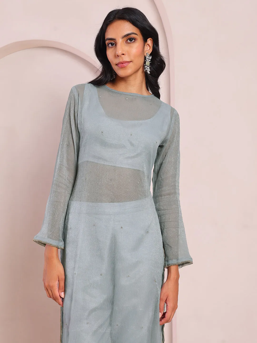 Inara Sheer Grey Straight Kurta And Palazzo Set