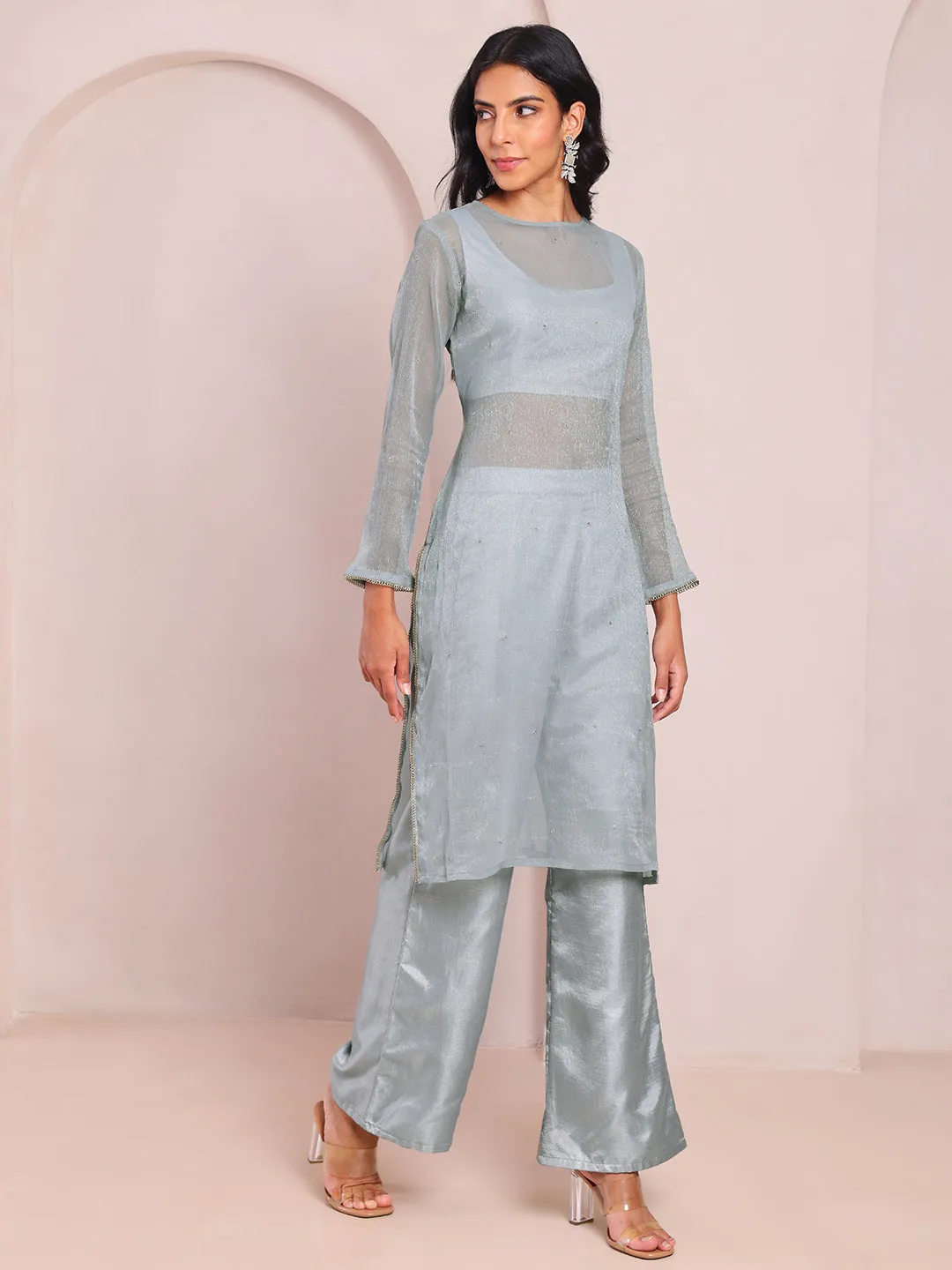 Inara Sheer Grey Straight Kurta And Palazzo Set