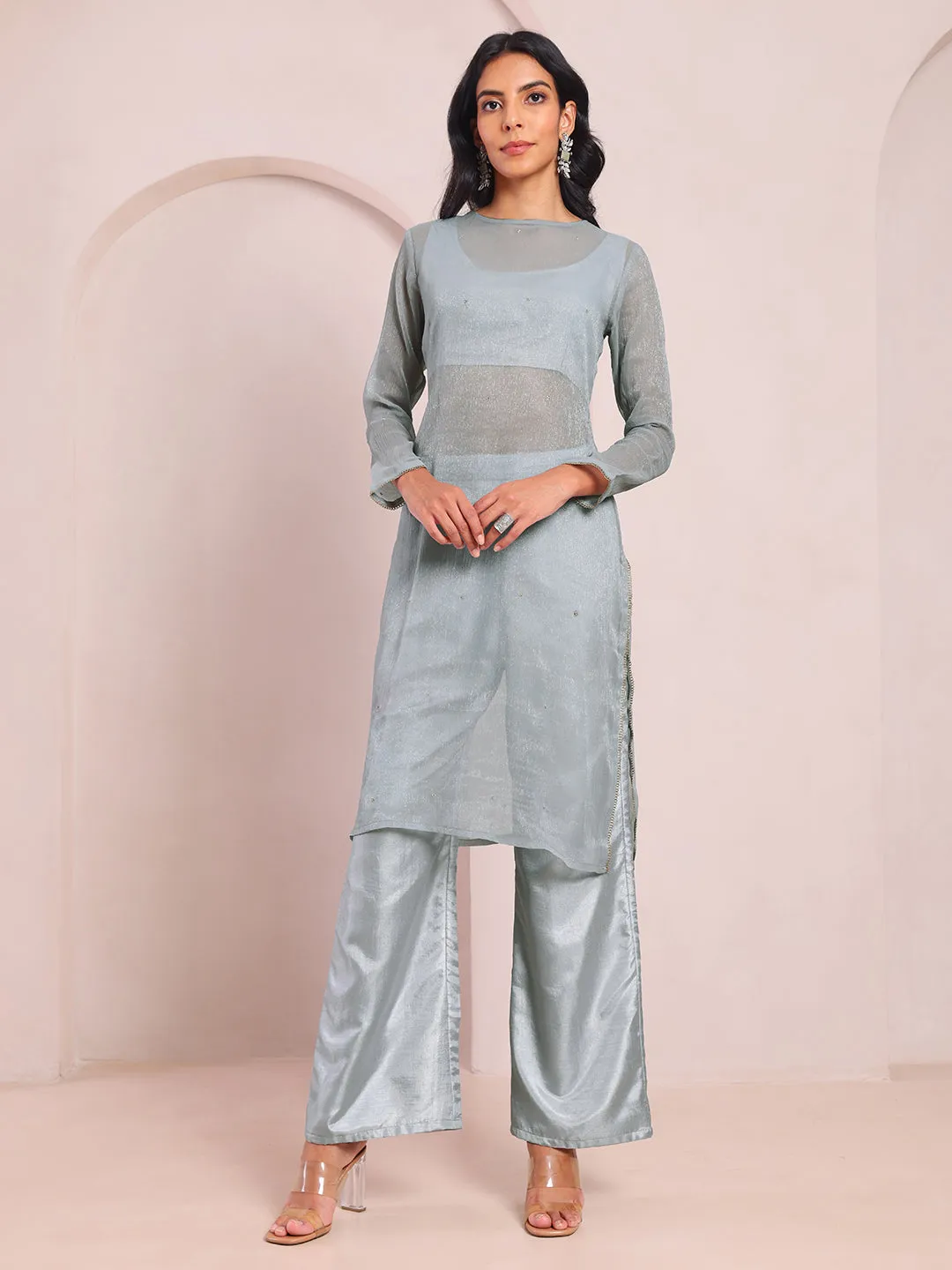 Inara Sheer Grey Straight Kurta And Palazzo Set