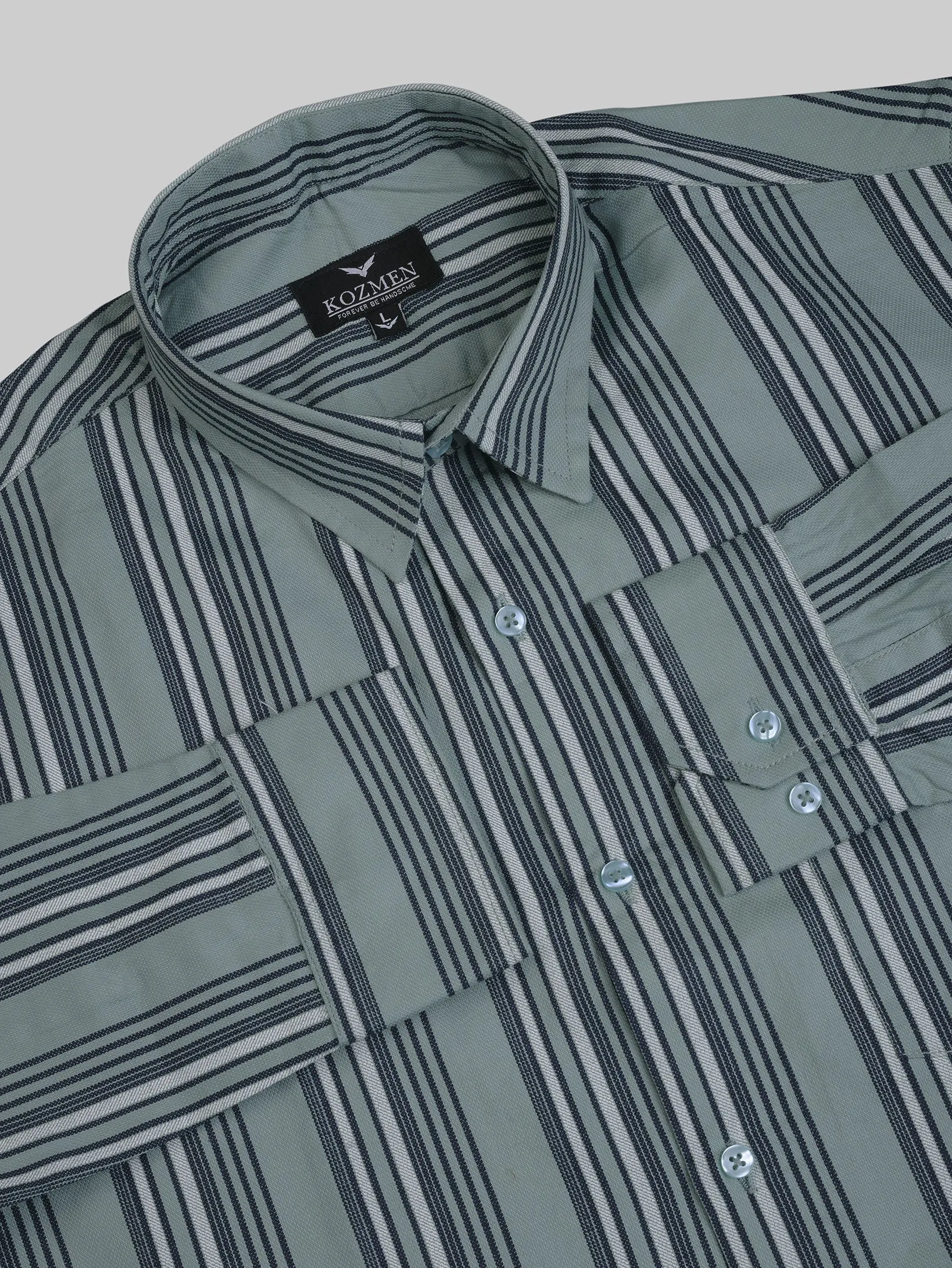 Jade Green Color Barcode Striped Bid Eye Print Cotton Shirt