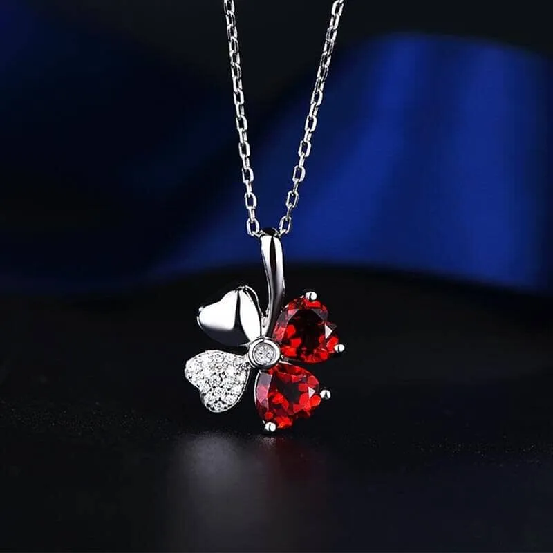 Lucky Clover Stylish Ruby Necklace - 925 Sterling Silver