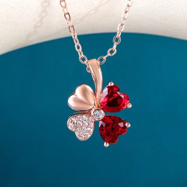 Lucky Clover Stylish Ruby Necklace - 925 Sterling Silver