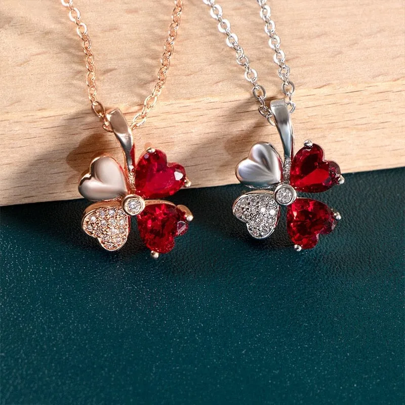 Lucky Clover Stylish Ruby Necklace - 925 Sterling Silver