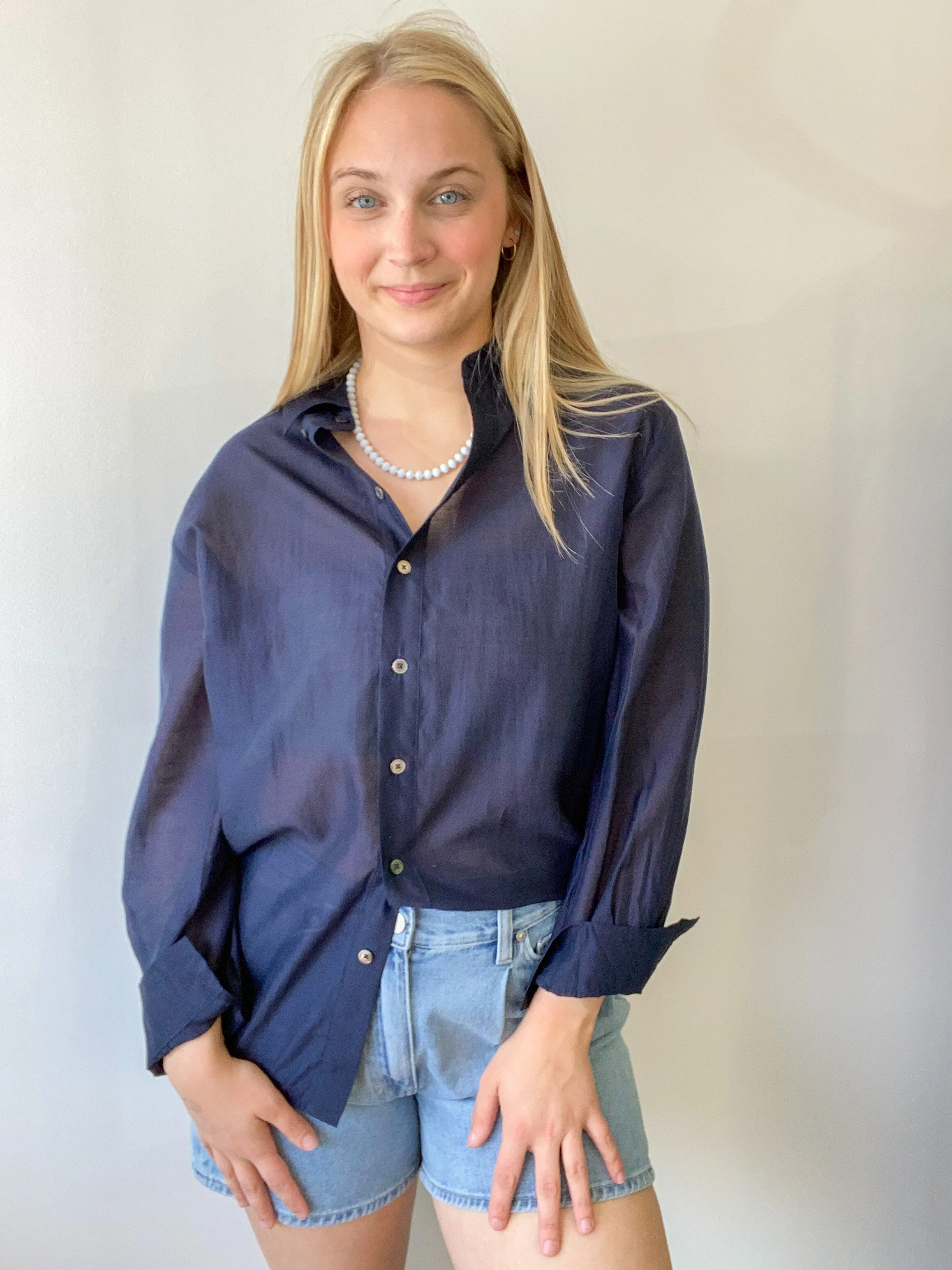 Mary Oversized Sheer Blouse in Navy