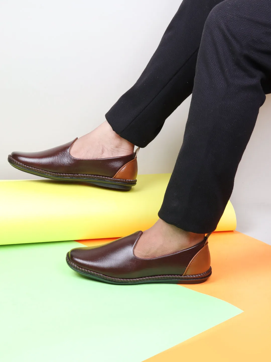 Men Brown Ethnic Slip On Stylish Stitched Jutis