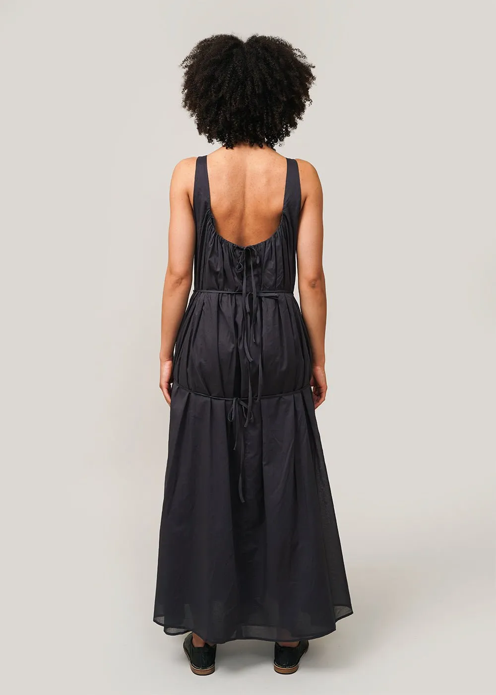 Navy Neck Shirring Sheer Long Dress