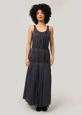 Navy Neck Shirring Sheer Long Dress