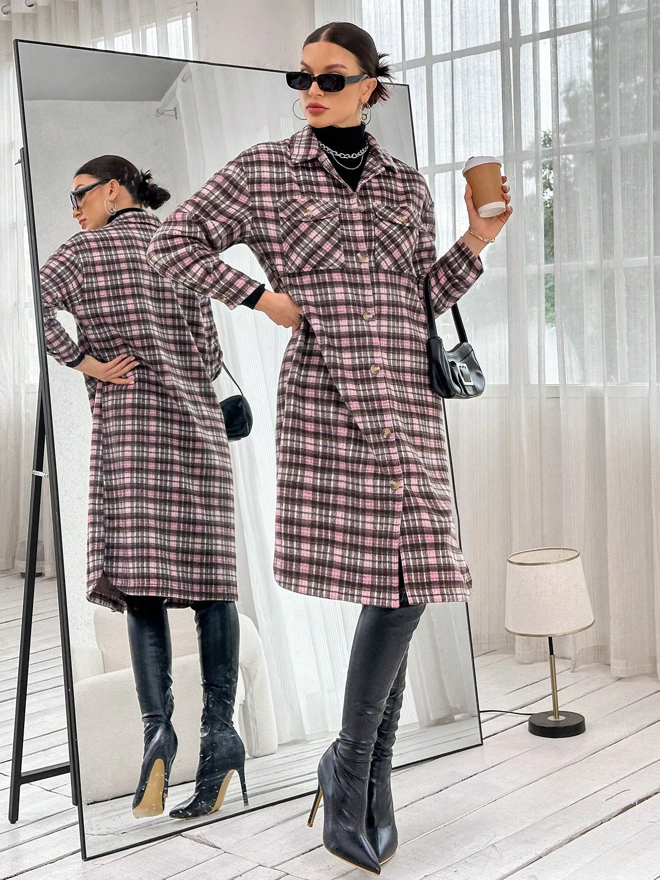 Plaid Print Button Up Coat