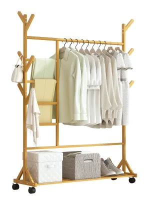 Portable Coat Stand Rack Rail Clothes Hat Garment Hanger Hook with Shelf Bamboo