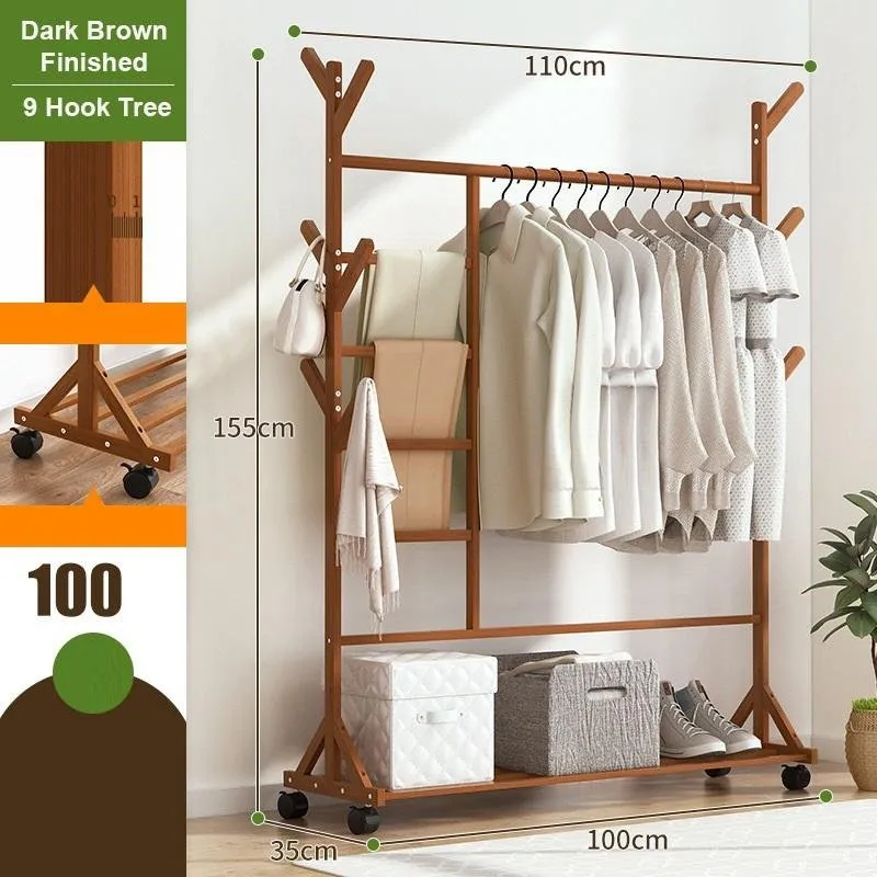 Portable Coat Stand Rack Rail Clothes Hat Garment Hanger Hook with Shelf Bamboo