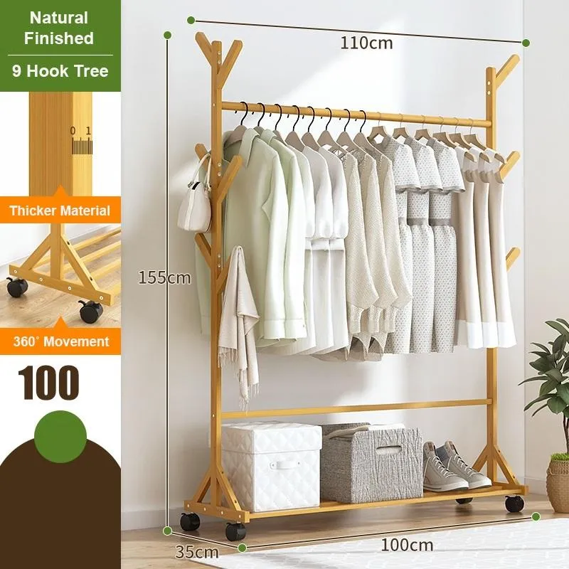 Portable Coat Stand Rack Rail Clothes Hat Garment Hanger Hook with Shelf Bamboo