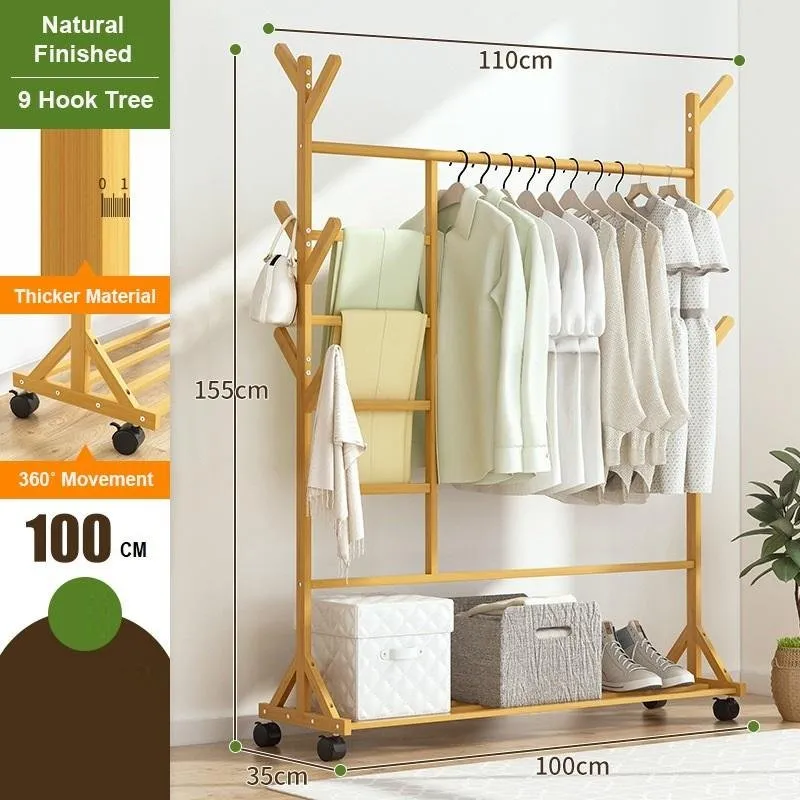 Portable Coat Stand Rack Rail Clothes Hat Garment Hanger Hook with Shelf Bamboo