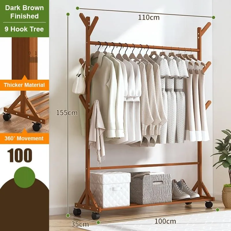 Portable Coat Stand Rack Rail Clothes Hat Garment Hanger Hook with Shelf Bamboo