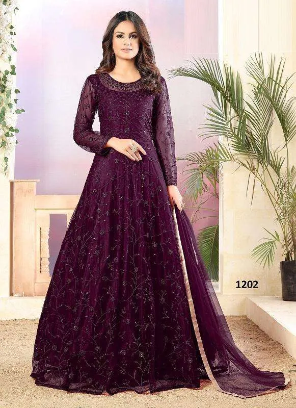 Purple Color Hit Original Pakistani Style Festive Party Wear Long Anarkali Gown