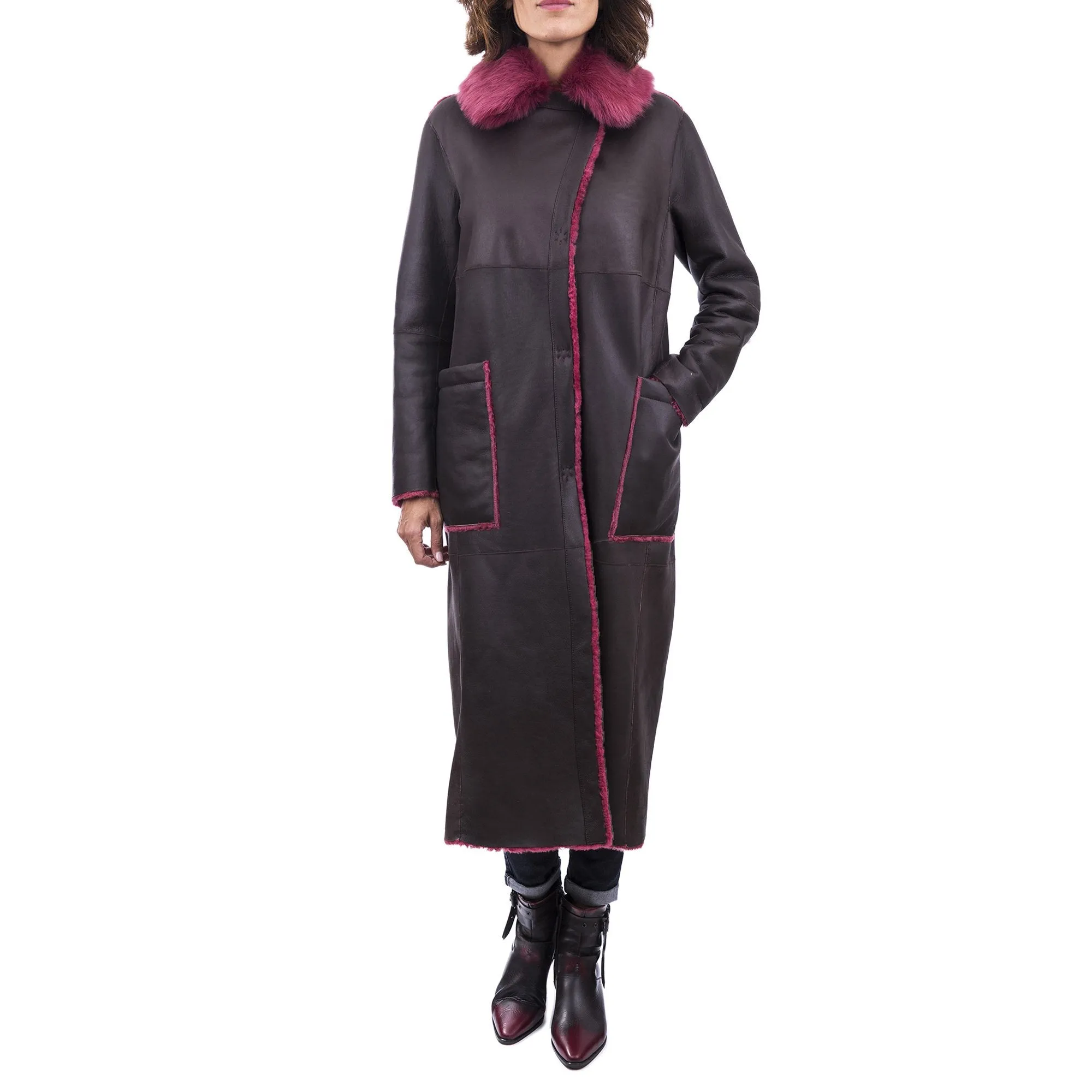 Reversible Merinillo Wool Coat in Dark Brown and Fuchsia