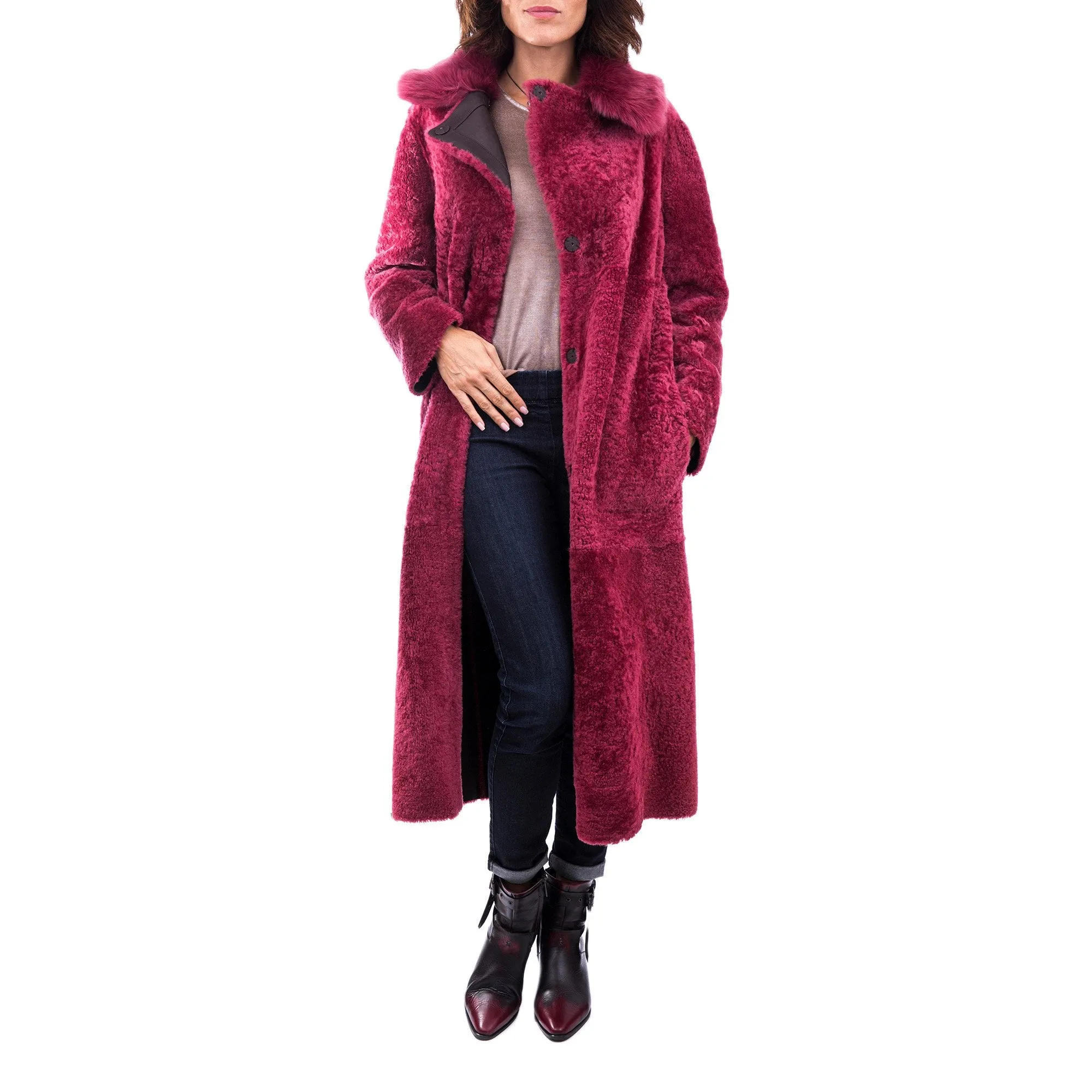 Reversible Merinillo Wool Coat in Dark Brown and Fuchsia