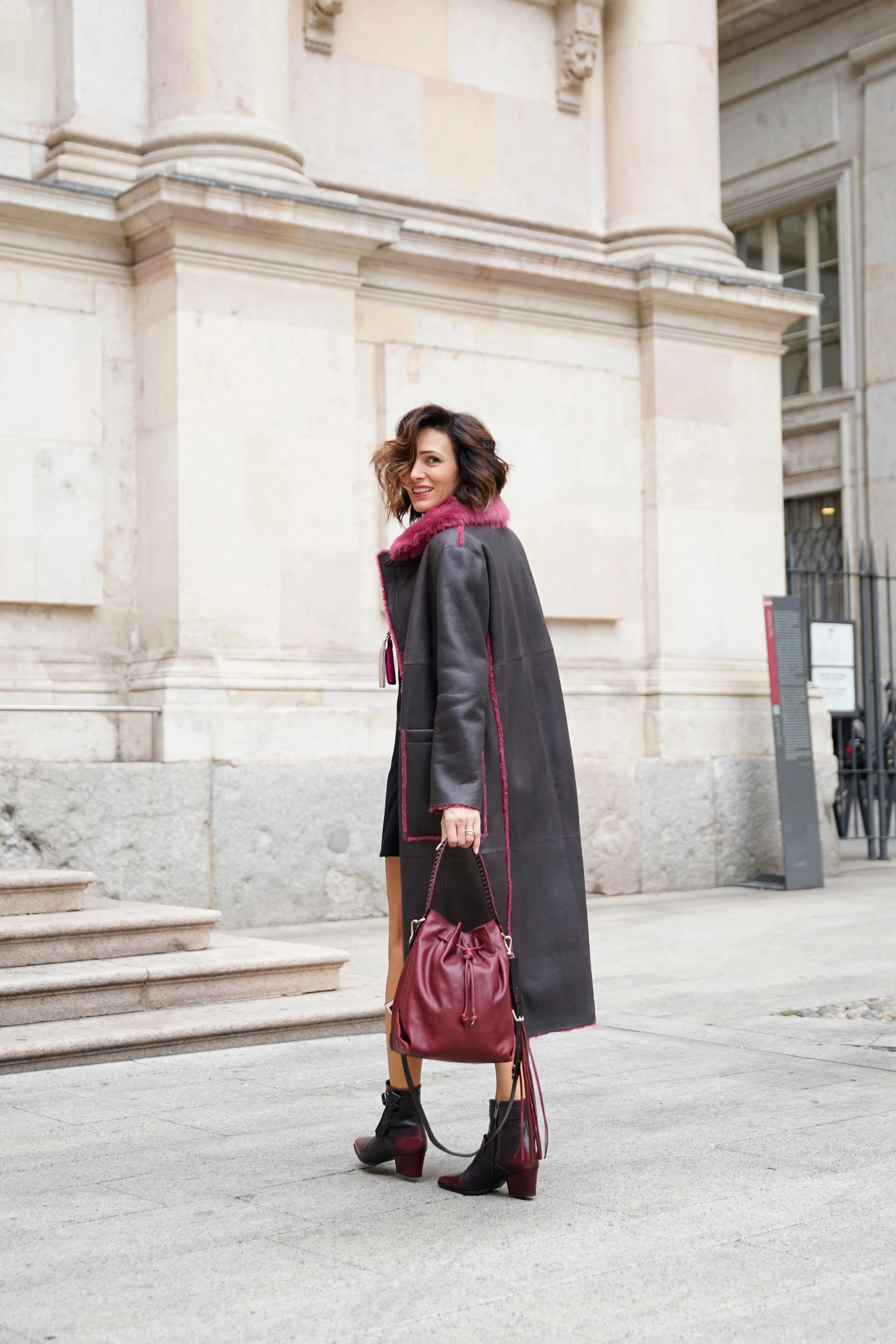 Reversible Merinillo Wool Coat in Dark Brown and Fuchsia